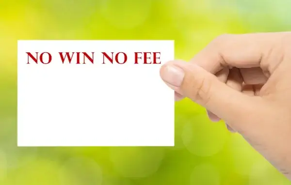 A hand holding a no win, no fee arrangement sign